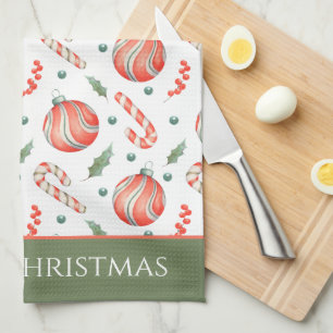 Red and Green Christmas Bulbs Pattern Monogram Kitchen Towel