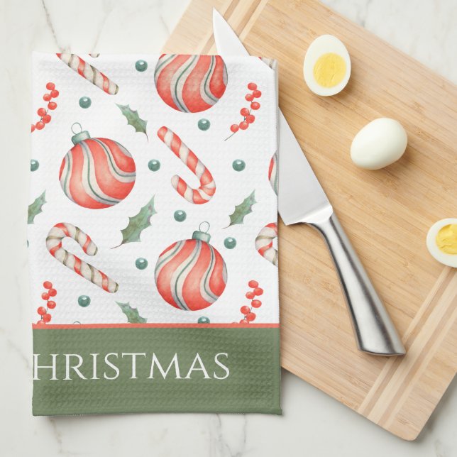 Red and Green Christmas Bulbs Pattern Monogram Kitchen Towel (Quarter Fold)