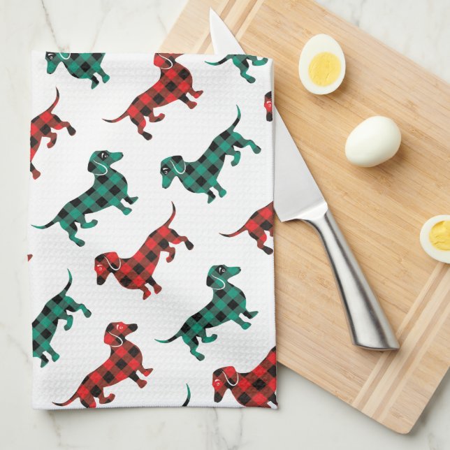 Red and Green Christmas Dachshunds Country Kitchen Towel (Quarter Fold)