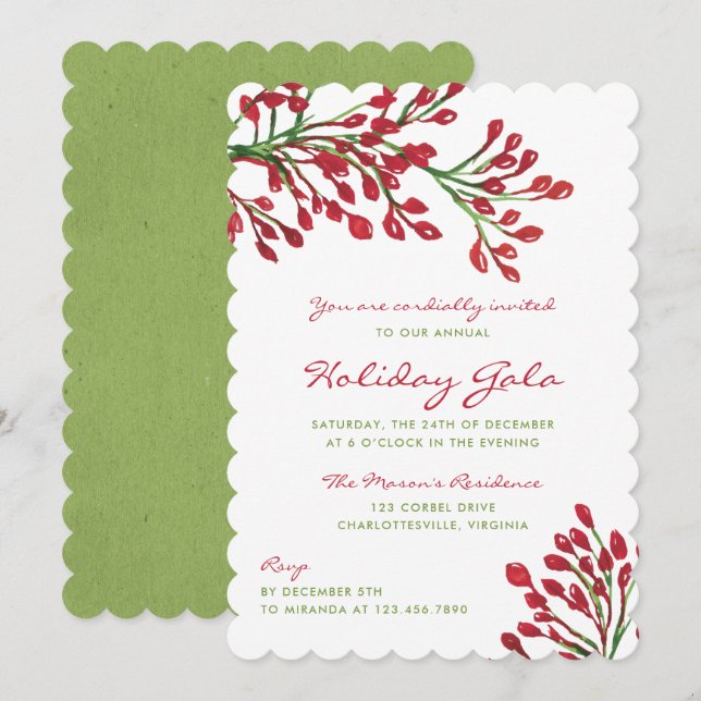 Red and Green Christmas Foliage Holiday Gala Invitation (Front/Back)