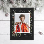 Red and Green Christmas Foliage Photo Holiday Card<br><div class="desc">Original illustration christmas berries and bits of snow over black with portrait photo. Customize the back as desired.</div>
