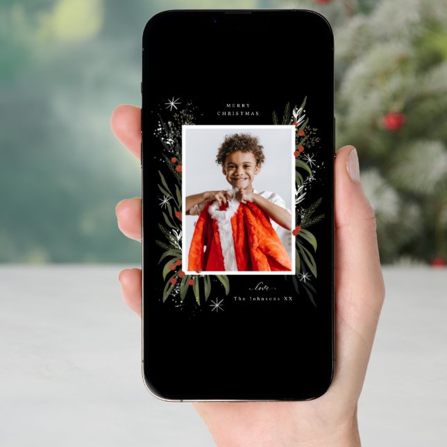 Red and Green Christmas Foliage Photo Holiday Card (Front Digital)