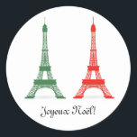Red and Green Christmas French Theme Eiffel Towers Classic Round Sticker<br><div class="desc">This red and green design is made up of red and green images of the Eiffel Tower in holiday Christmas colors. The message reads "Joyeux Noël, " or "Merry Christmas" in French,  but you can easily change the text to anything you would like.</div>