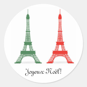 Red and Green Christmas French Theme Eiffel Towers Classic Round Sticker