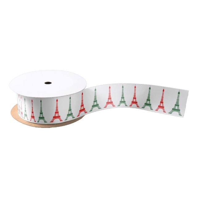 Red and Green Christmas French Theme Eiffel Towers Satin Ribbon (Spool)