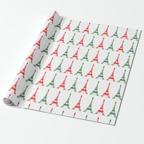 Red and Green Christmas French Theme Eiffel Towers Wrapping Paper