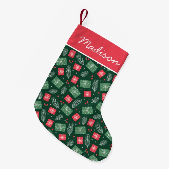 Red and Green Christmas Gift Pattern Personalized Small Christmas Stocking (Front (Hanging))