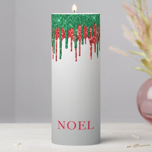 Red And Green Christmas Glitter Drips  Pillar Candle