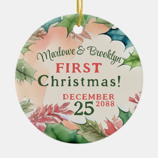 Red and Green Christmas Holiday Engagement Photo Ceramic Ornament (Front)