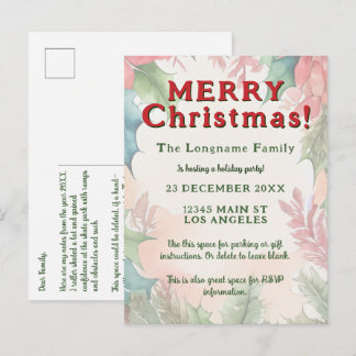Red and Green Christmas Holiday Poinsettia Wreath Invitation Postcard