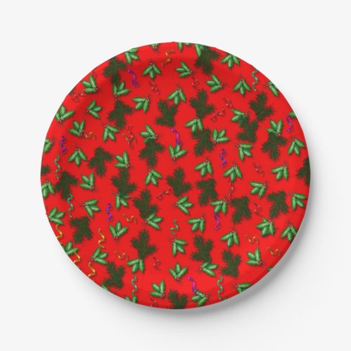 Red and Green Christmas Holly Pattern Plate