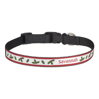 Red And Green Christmas Holly With Pet's Own Name Pet Collar