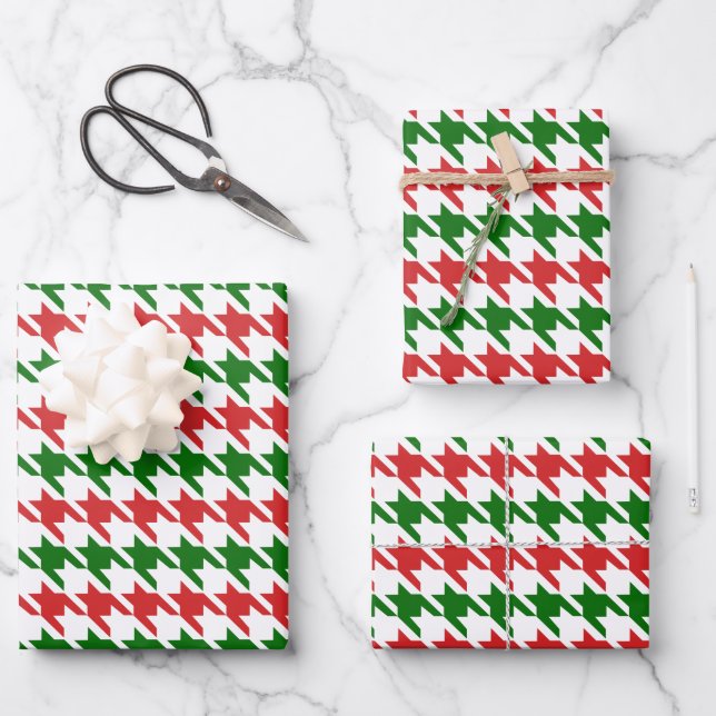 Red and Green Christmas Houndstooth Pattern Wrapping Paper Sheets (Front)