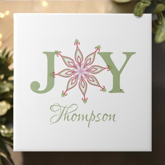 Red and Green Christmas Joy Personalized Ceramic Tile (Christmas Joy custom ceramic tile.)