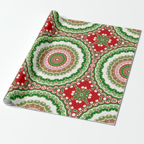 Red and Green Christmas Mandala Medallion Wrapping Paper