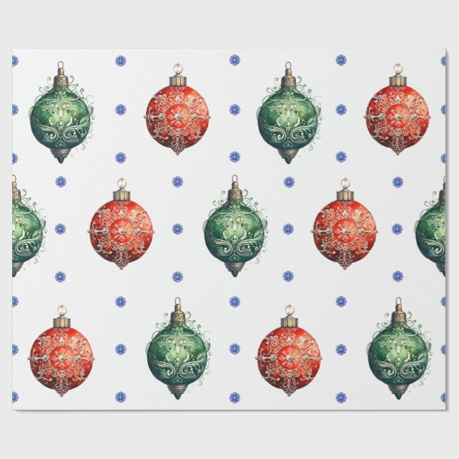 Red and Green Christmas Ornaments on White Wrapping Paper (Flat)