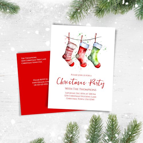 Red and Green Christmas Party Stockings Holiday Postcard