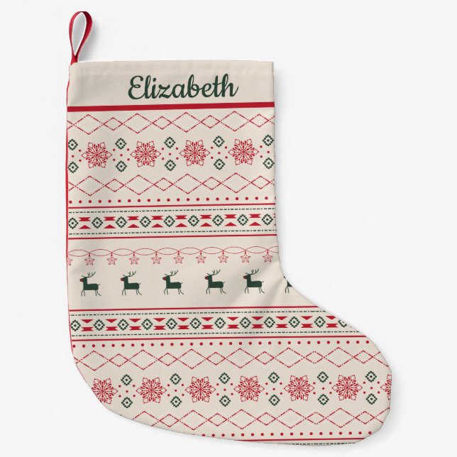 Red And Green Christmas Pattern Personalized Name Small Christmas Stocking (Front)