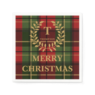 Red And Green Christmas Plaid Custom Monogram Napkins