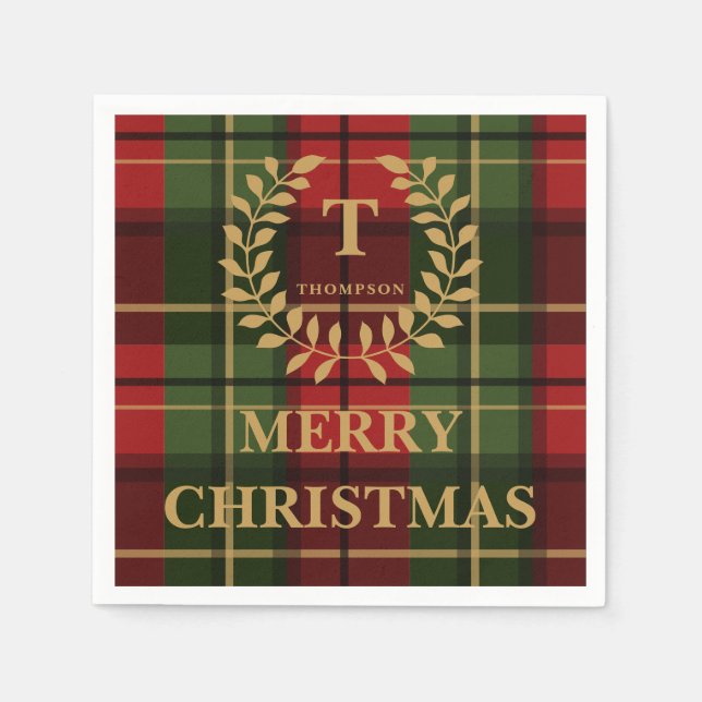 Red And Green Christmas Plaid Custom Monogram Napkins (Front)