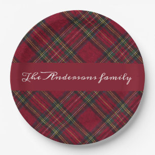 Red and green Christmas plaid family name Paper Plates