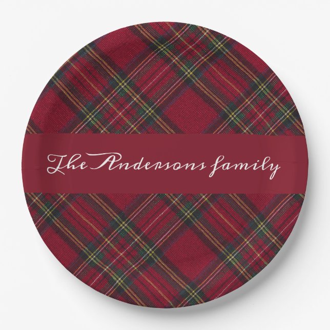  Red and green  Christmas plaid family name Paper Plates (Front)