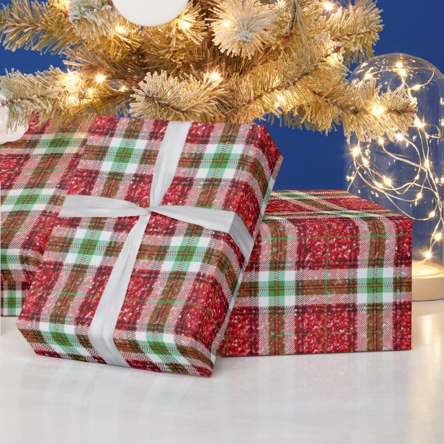 Red and Green Christmas Plaid Glitter Christmas Wrapping Paper (Holidays)
