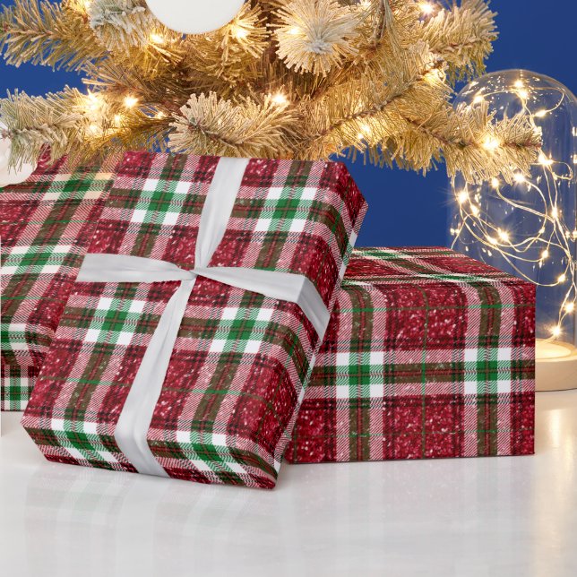 Red and Green Christmas Plaid Glitter Christmas Wrapping Paper (Holidays)