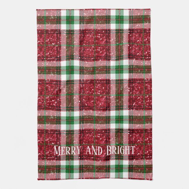 Red and Green Christmas Plaid Merry and Bright Kitchen Towel (Vertical)