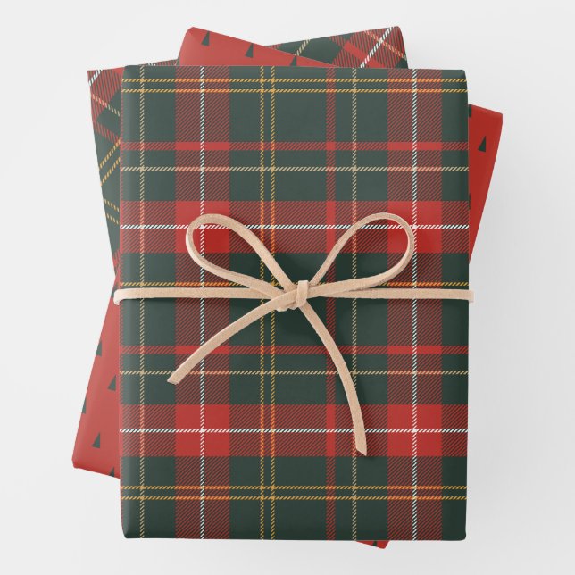 Red and Green Christmas Plaid Wrapping Paper Sheets (In situ)