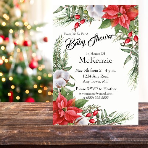 Red and Green Christmas Poinsettia Baby Shower Invitation