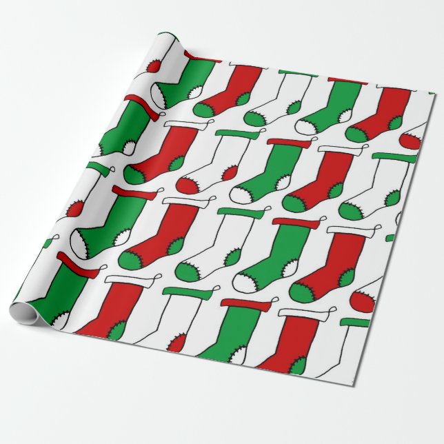 Red and Green Christmas Stockings Pattern Wrapping Paper (Unrolled)