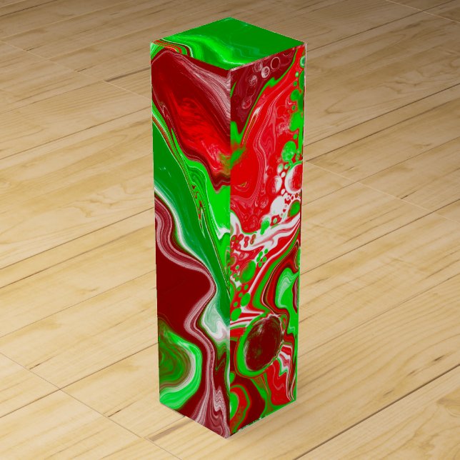 Red and Green Christmas Swirls Marble  Wine Box (Front)