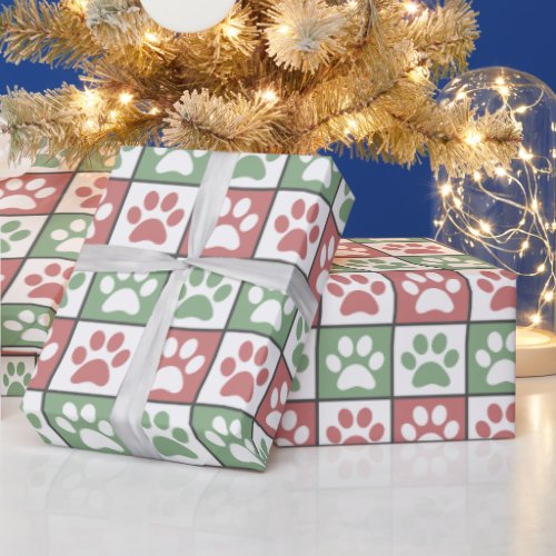 Red and green Christmas Theme Paw Print Pattern Wrapping Paper