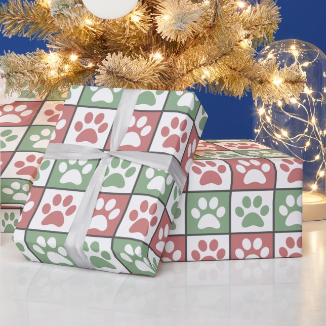 Red and green Christmas Theme Paw Print Pattern Wrapping Paper (Holidays)