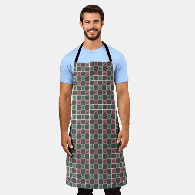 Red and green Christmas Themed Paw print pattern  Apron (Worn)