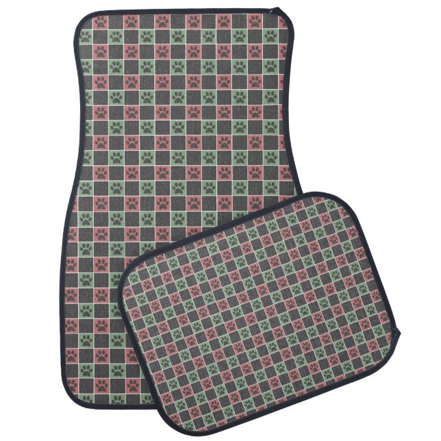 Red and green Christmas Themed Paw print pattern Car Floor Mat (Set)