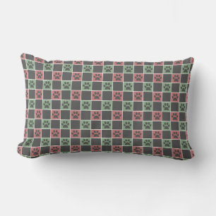 Red and green Christmas Themed Paw print pattern Lumbar Pillow