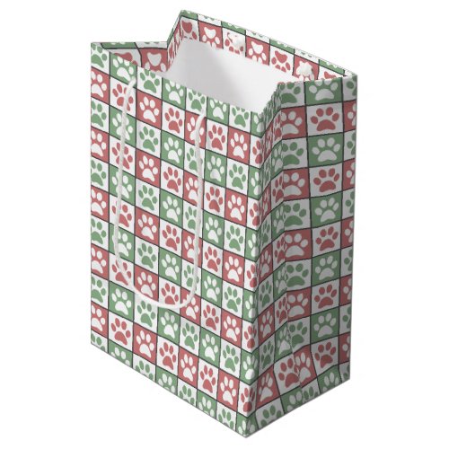 Red and green Christmas Themed Paw print pattern Medium Gift Bag