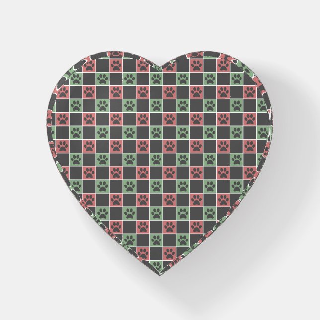 Red and green Christmas Themed Paw print pattern Paperweight (Front)