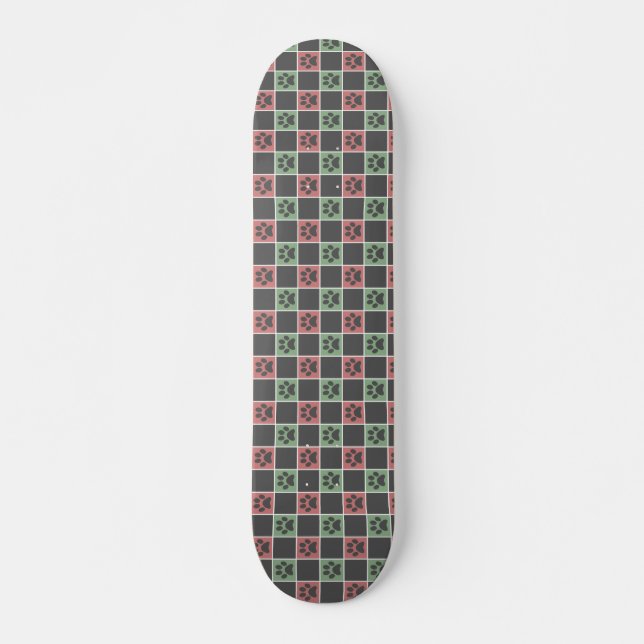Red and green Christmas Themed Paw print pattern Skateboard (Front)