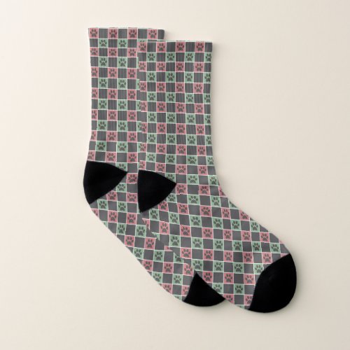 Red and green Christmas Themed Paw print pattern  Socks