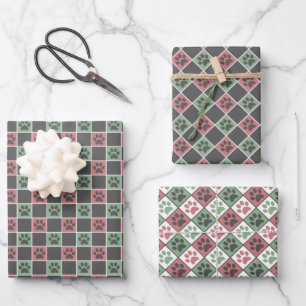 Red and green Christmas Themed Paw print pattern Wrapping Paper Sheets