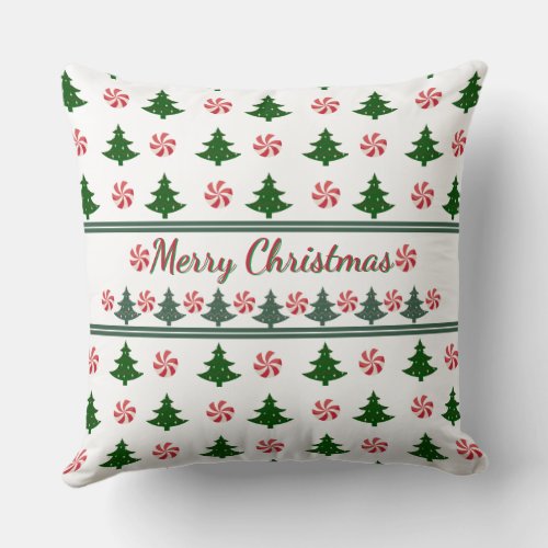 Red and Green Christmas Tree and Candy Cane  Throw Pillow