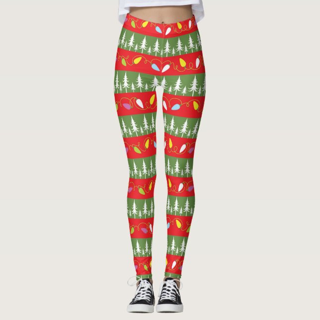 Red and Green Christmas Tree Christmas Lights Leggings (Front)