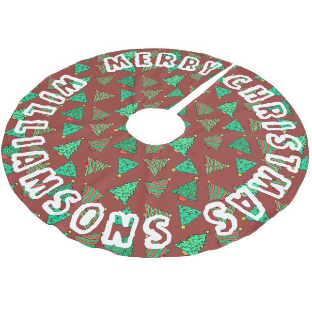 Red And Green Christmas Tree Pattern | Family Name Brushed Polyester Tree Skirt (Angled)