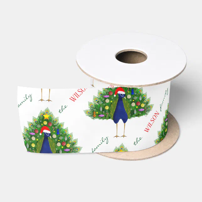Red and Green Christmas Tree Peacock Pattern Satin Ribbon | Zazzle