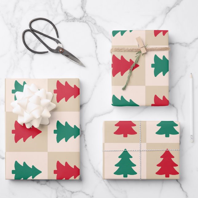 Red and Green Christmas Trees Pattern Wrapping Paper Sheets (Front)
