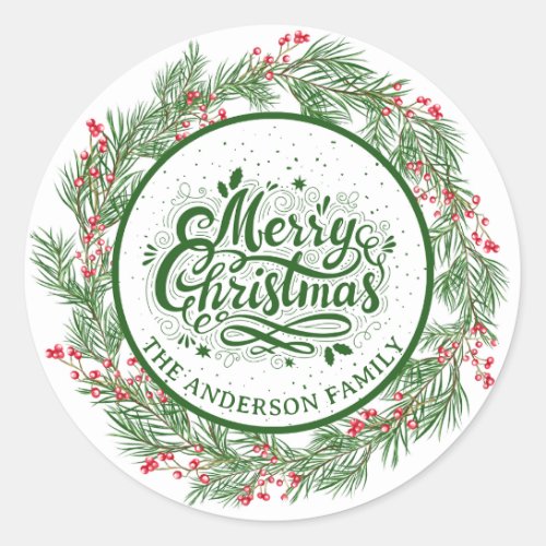 Red And Green Christmas Wreath  Classic Round Sticker