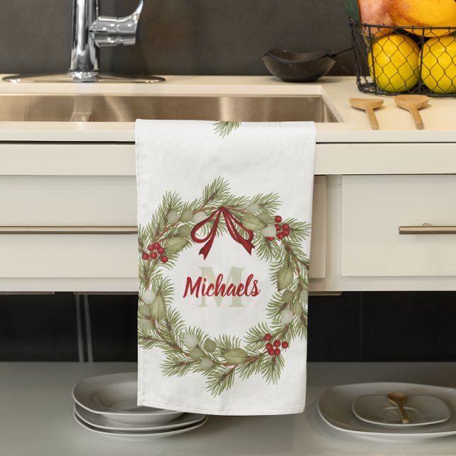 Red and Green Christmas Wreath Custom Kitchen Towel (Christmas greenery wreath with red ribbon customized with monogram. )
